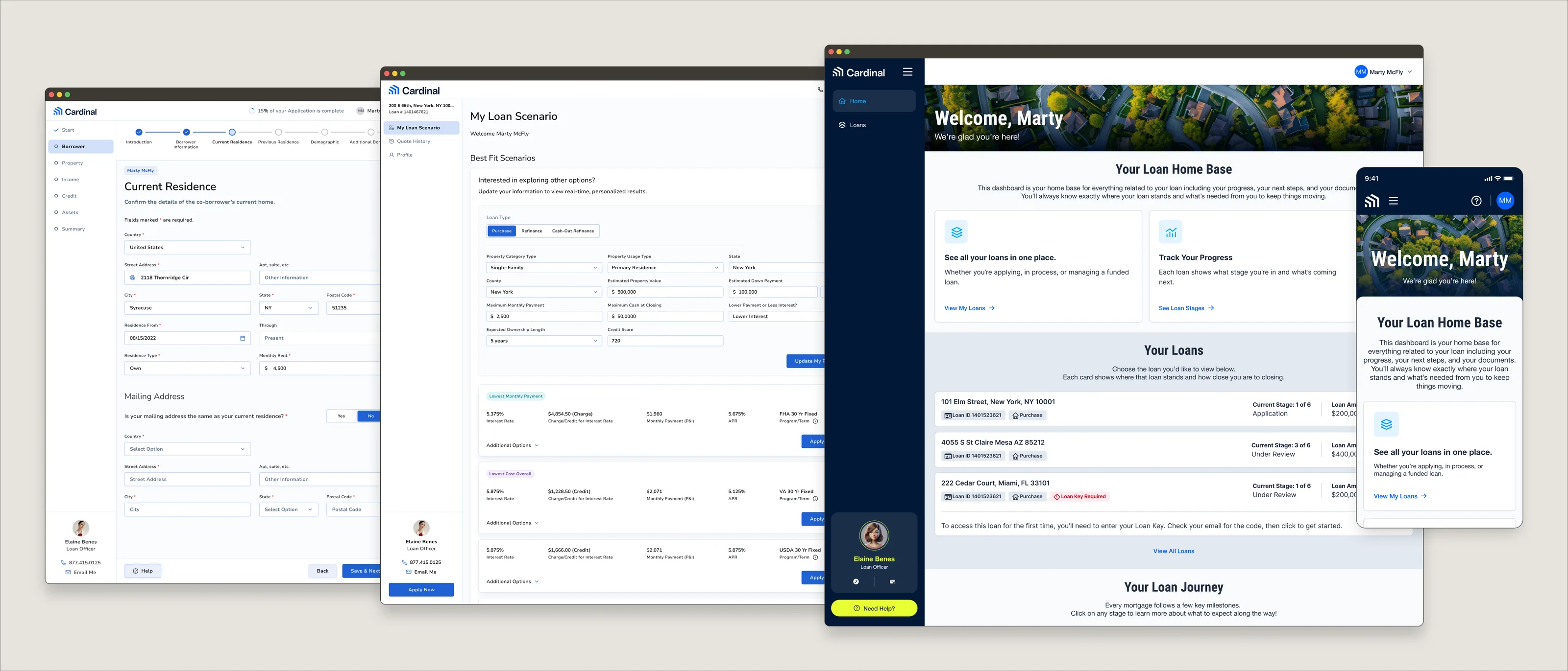 Four screens from the rebuilt Borrower Experience, overlapping in a row: the Smart App application form on Current Residence, the Public Loan Quote results listing best-fit loan scenarios, the Borrower Dashboard welcoming a borrower to their loan home base, and the same dashboard on a phone.