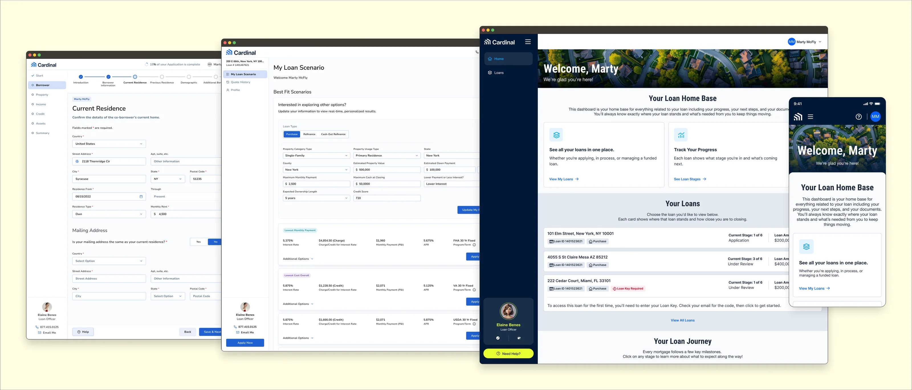 Four screens from the rebuilt Borrower Experience, overlapping in a row: the Smart App application form on Current Residence, the Public Loan Quote results listing best-fit loan scenarios, the Borrower Dashboard welcoming a borrower to their loan home base, and the same dashboard on a phone.