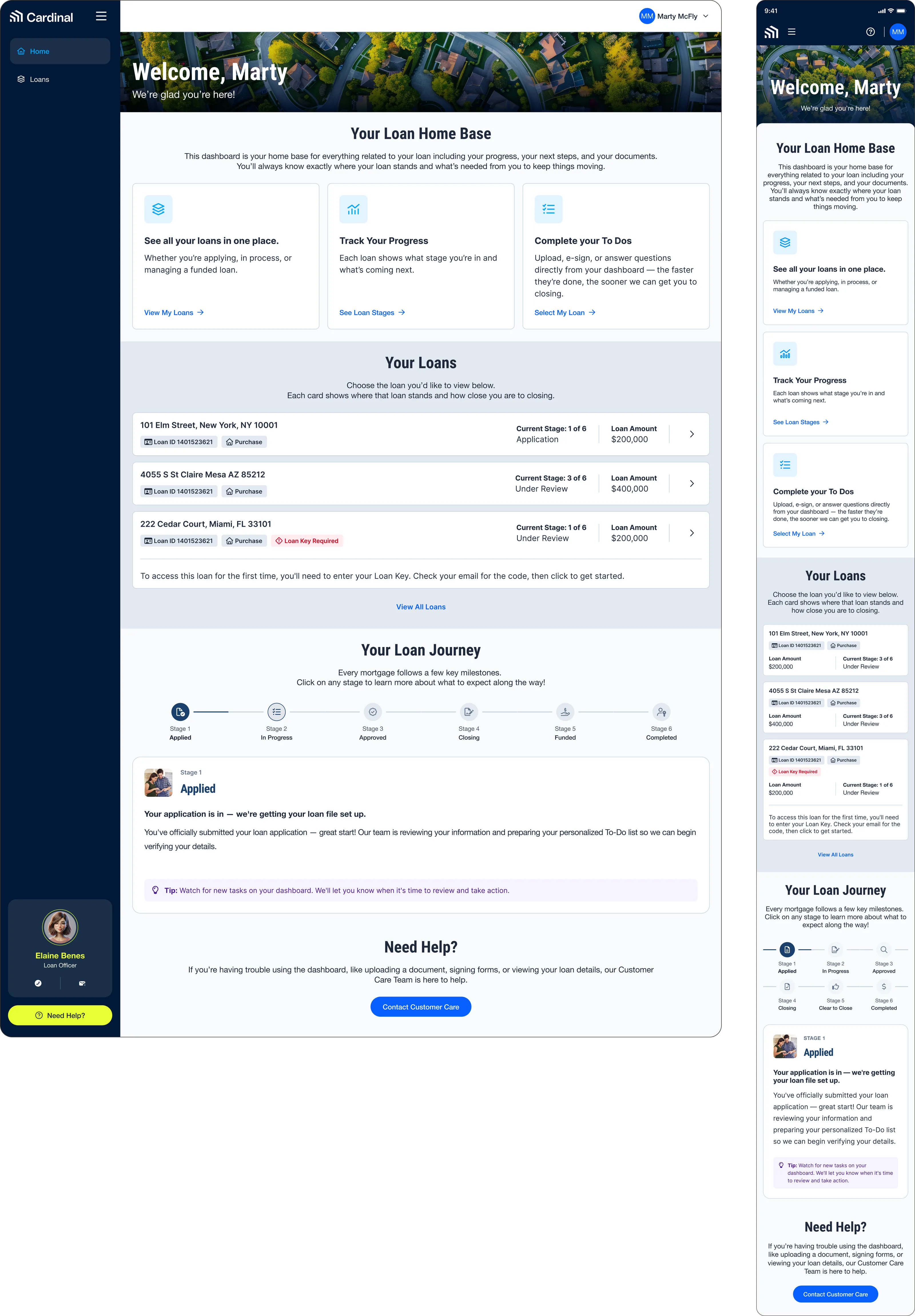 The redesigned Borrower Dashboard on desktop and mobile: a welcome banner over an aerial photograph of a neighborhood, three cards covering loans, progress and to-dos, a list of loans with their current stage and amount, and a six-stage loan journey tracker.