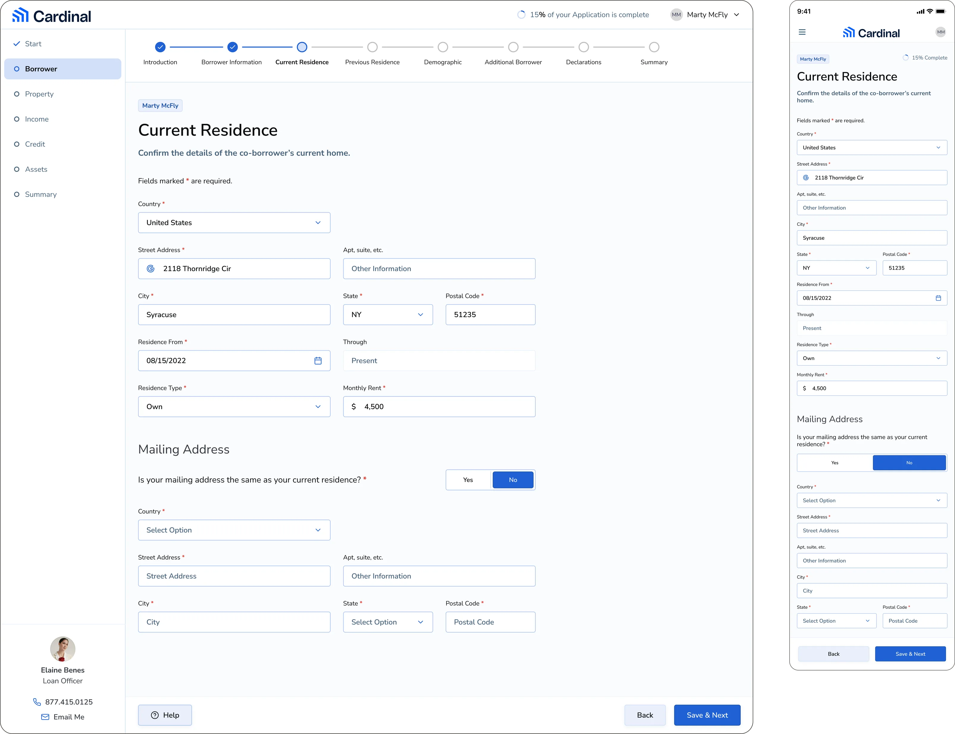 The Smart App application on desktop and mobile, showing the Current Residence step with a progress stepper across the top, a section list down the left, address and residence fields, and a loan officer's contact card.