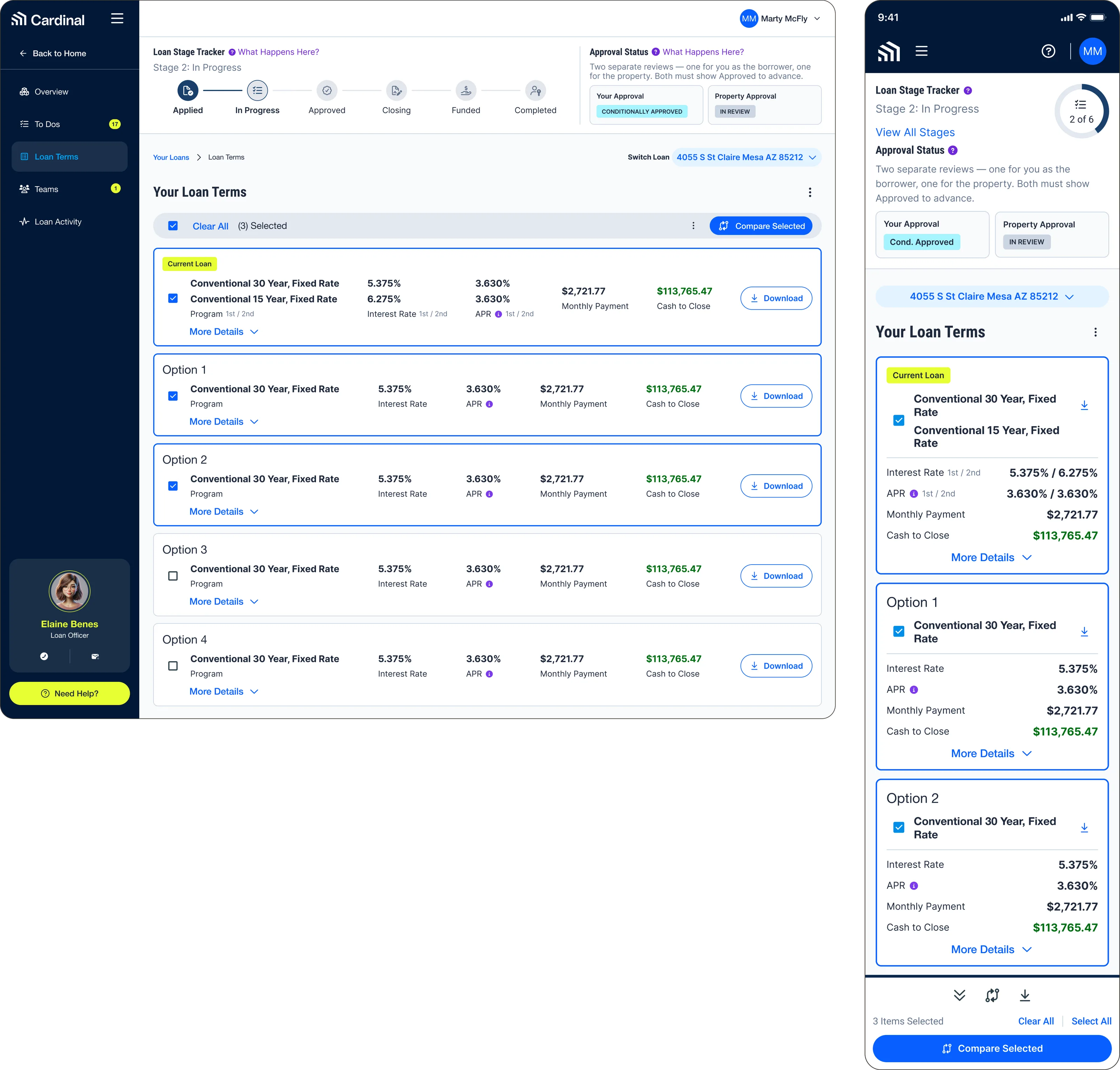 The dashboard Loan Terms page on desktop and mobile, listing the current loan and four alternative fixed-rate options with interest rate, APR, monthly payment and cash to close, each carrying a selection checkbox, a More Details expander and a Download button, with a Compare Selected action above them. The six-stage loan tracker and the borrower and property approval statuses run across the top.