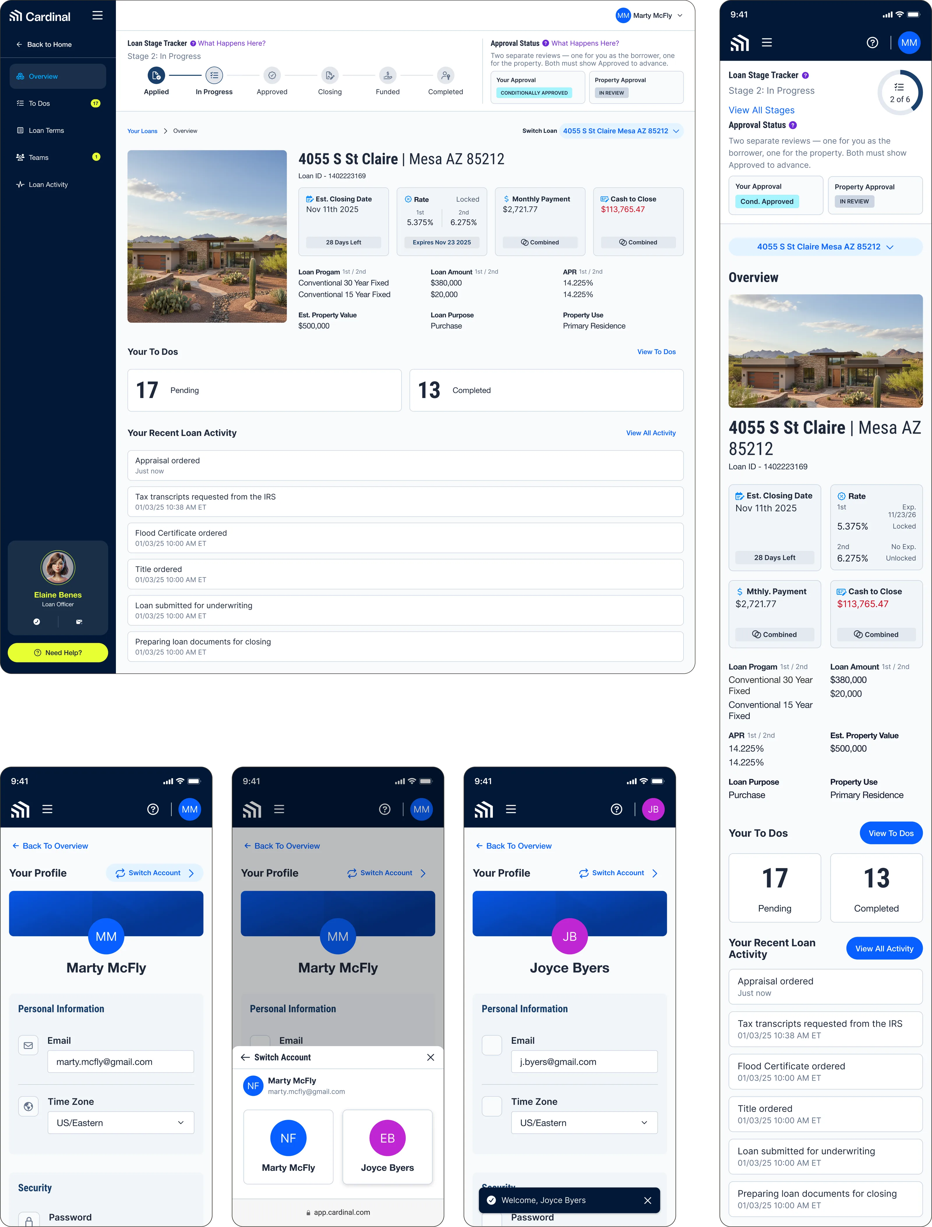 The redesigned Borrower Dashboard overview on desktop and mobile: a six-stage loan tracker from Applied to Completed, separate borrower and property approval statuses, a property card carrying estimated closing date, locked rate, monthly payment and cash to close, counts of pending and completed to-dos, and a recent loan activity feed, followed by mobile screens for switching between borrower accounts.