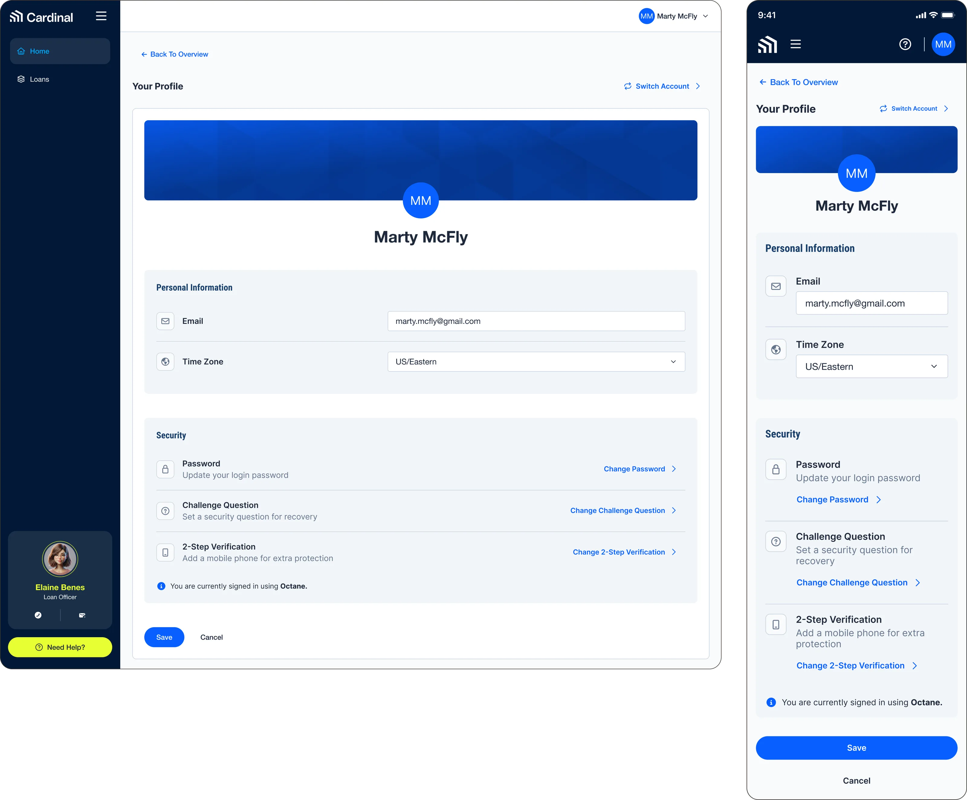 The dashboard profile page on desktop and mobile, showing personal information for email and time zone above a security section covering password, challenge question and two-step verification, with a note that the borrower is currently signed in using Octane.