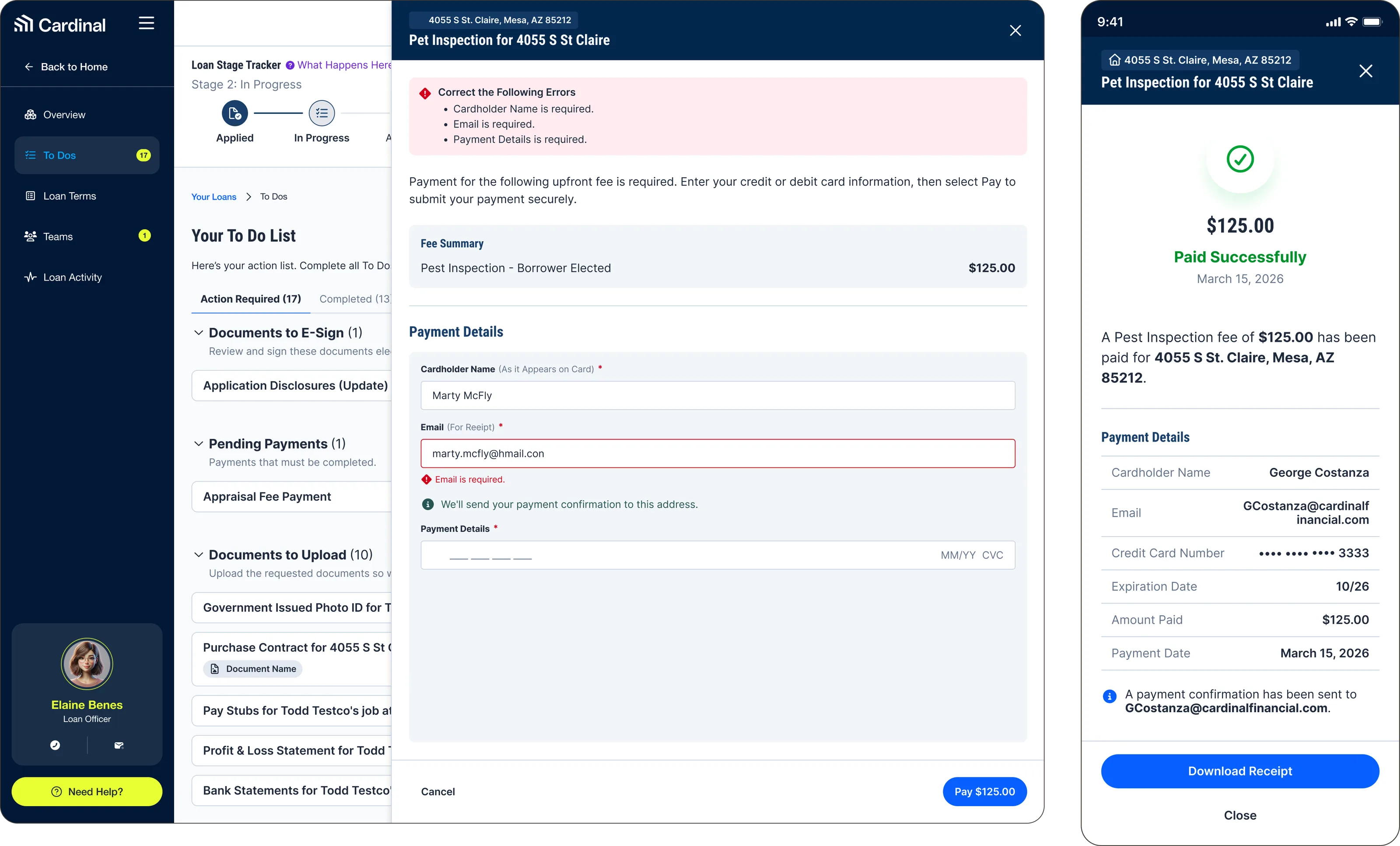 The dashboard To Do list on desktop, grouping documents to e-sign, pending payments and documents to upload, with a pest inspection fee payment open over it showing validation errors on card name, email and payment details, and the mobile confirmation screen reporting the fee paid successfully with a downloadable receipt.