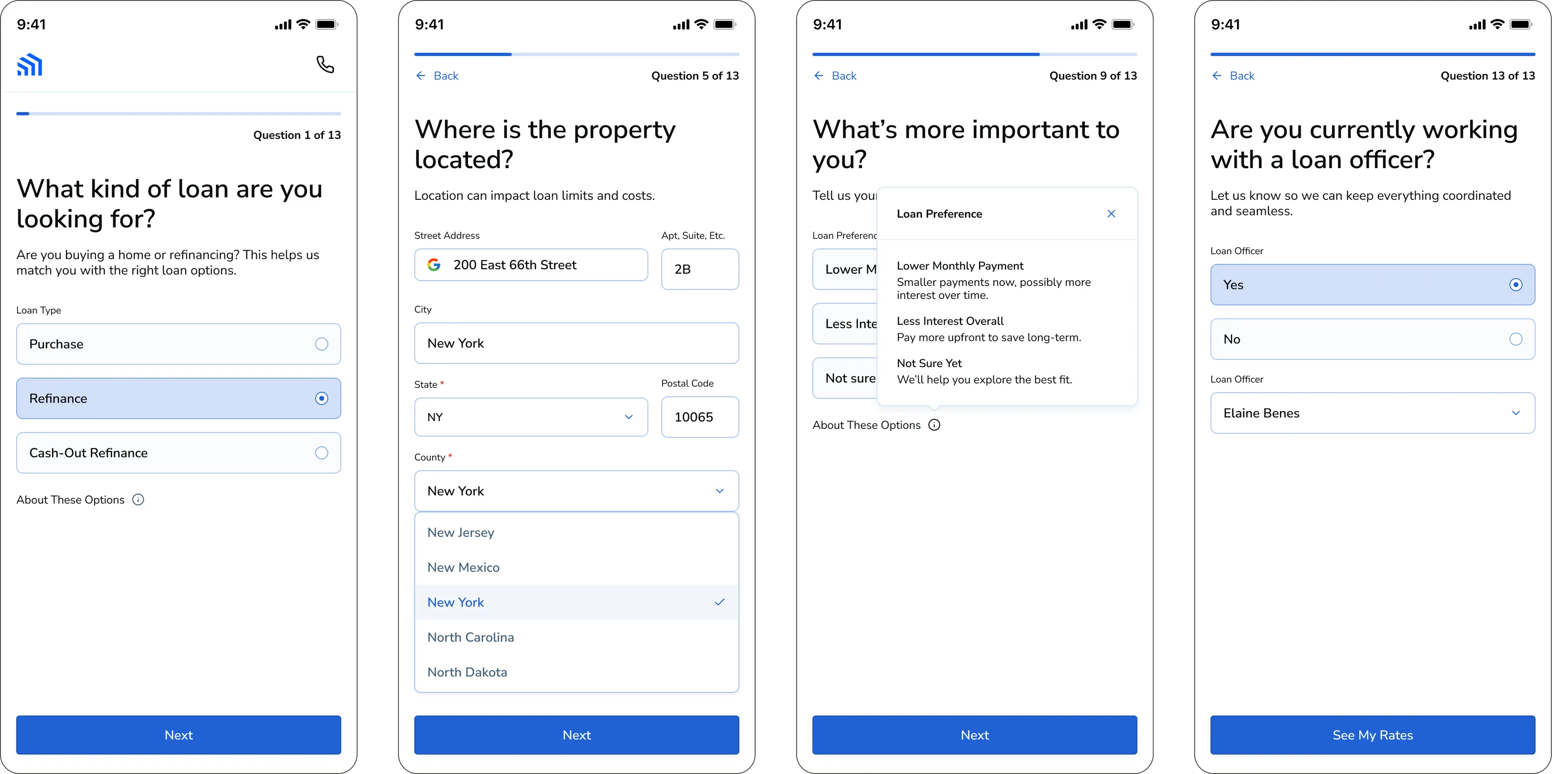 Four steps of the rebuilt Public Loan Quote wizard on mobile: 'What kind of loan are you looking for?', 'Where is the property located?', 'What's most important to you?' with a loan preference panel open, and 'Are you currently working with a loan officer?', each showing its position out of thirteen questions.