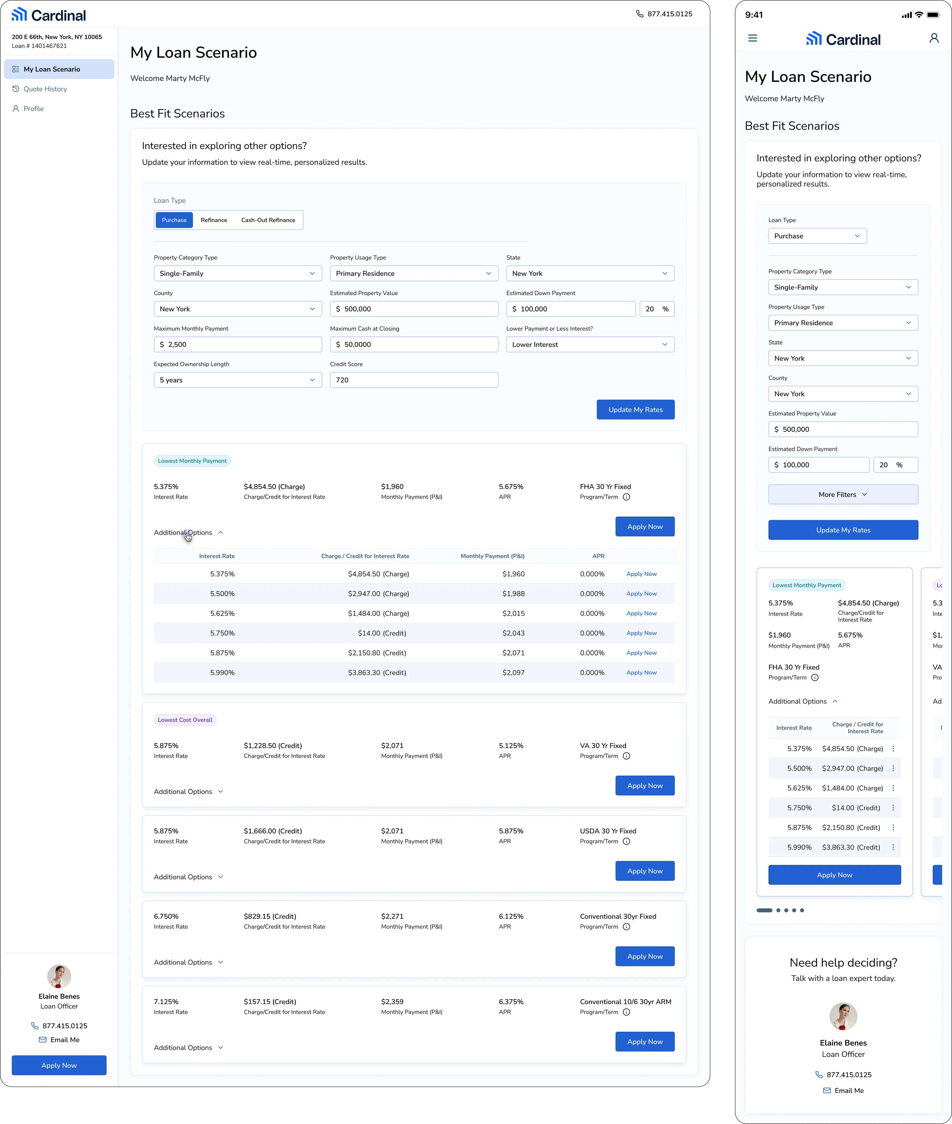 The signed-in My Loan Scenario dashboard on desktop and mobile, showing an editable panel of loan type, property, county, value, down payment, monthly payment and credit score inputs above the best-fit scenario list, with the Lowest Monthly Payment card opened into a full table of interest rates against charge or credit, monthly payment and APR.