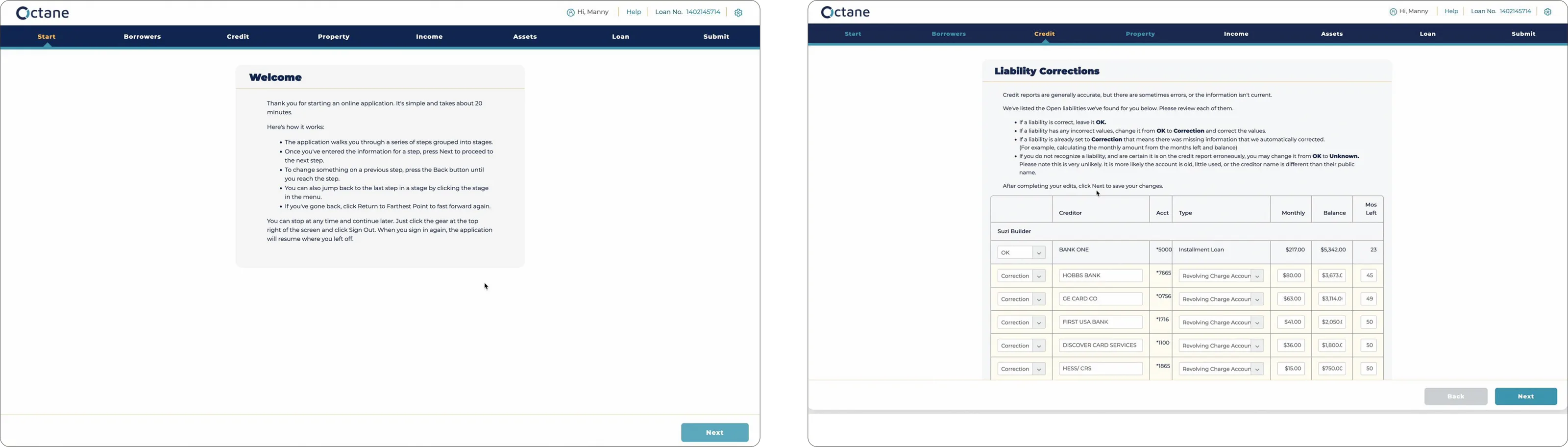 Two screens from the legacy Smart App, branded Octane: a Welcome page explaining that the application runs through a series of steps grouped into stages, and a Liability Corrections step with a dense table of creditors, account types, monthly amounts and balances to review one by one.