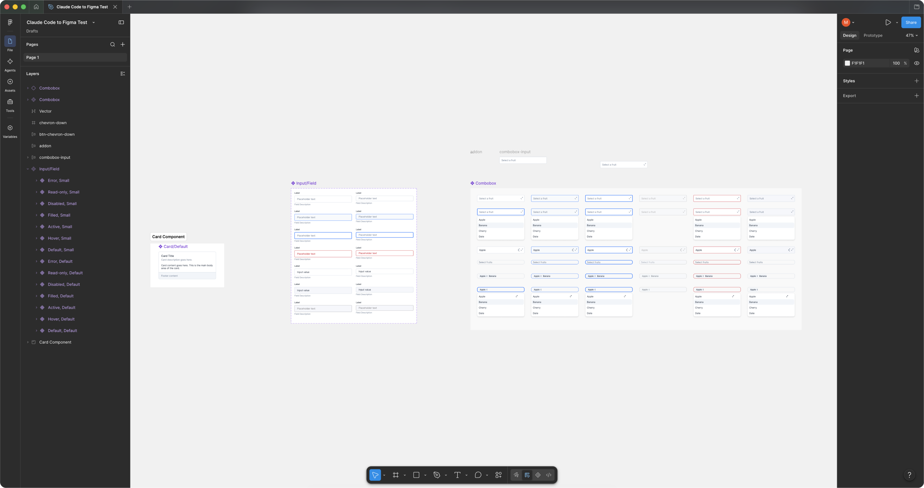 A Figma file built by Claude Code, holding Input, Combobox and Card component sets with their variant matrices.