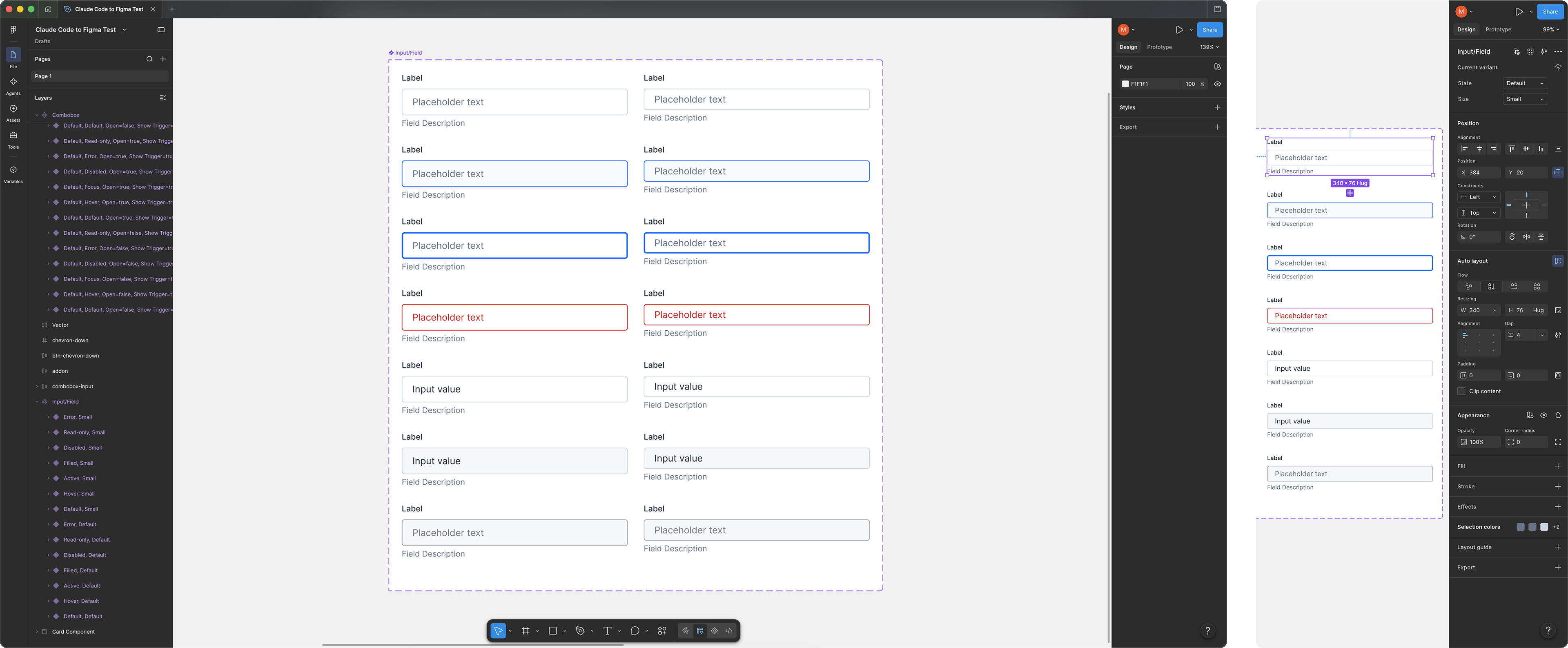 A close view of the Input and Field component set, its variant properties and its auto layout panel.
