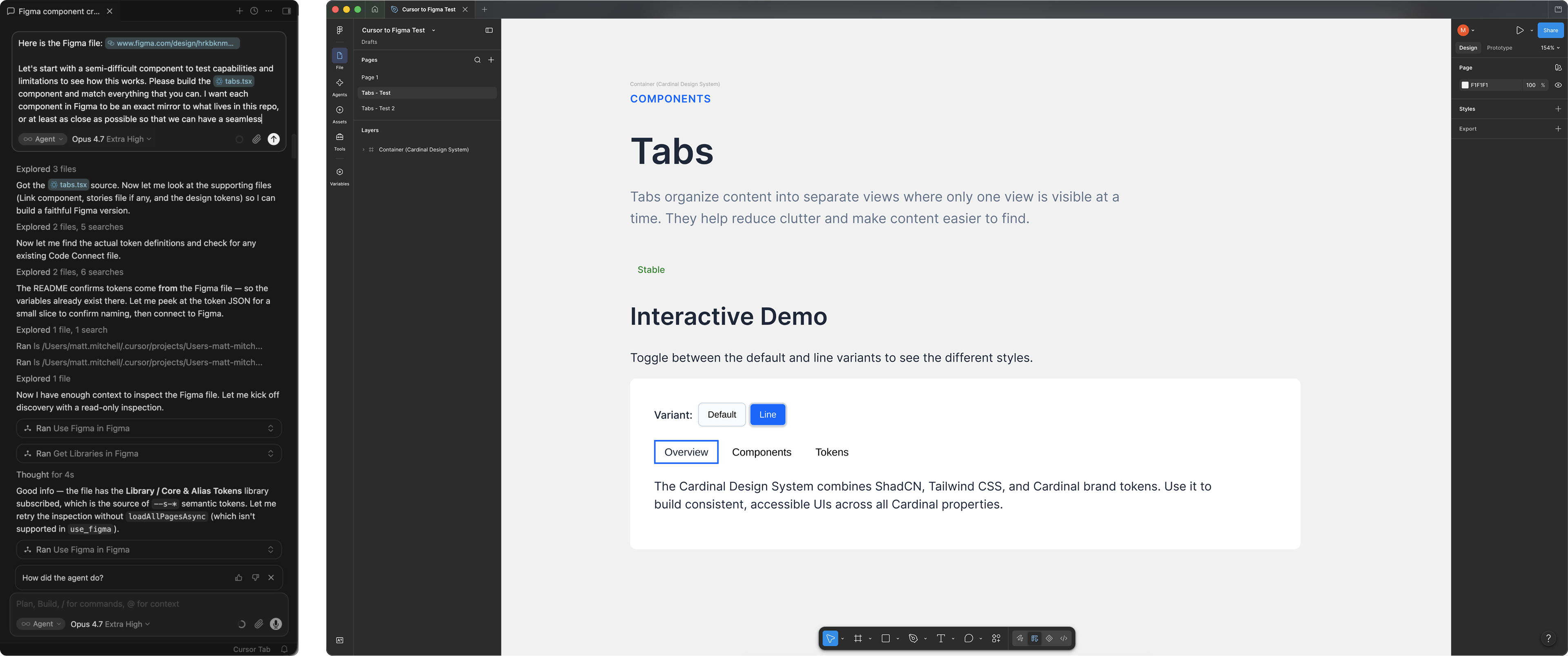 Cursor's agent panel beside a Figma file holding a single Tabs documentation page with an interactive demo.