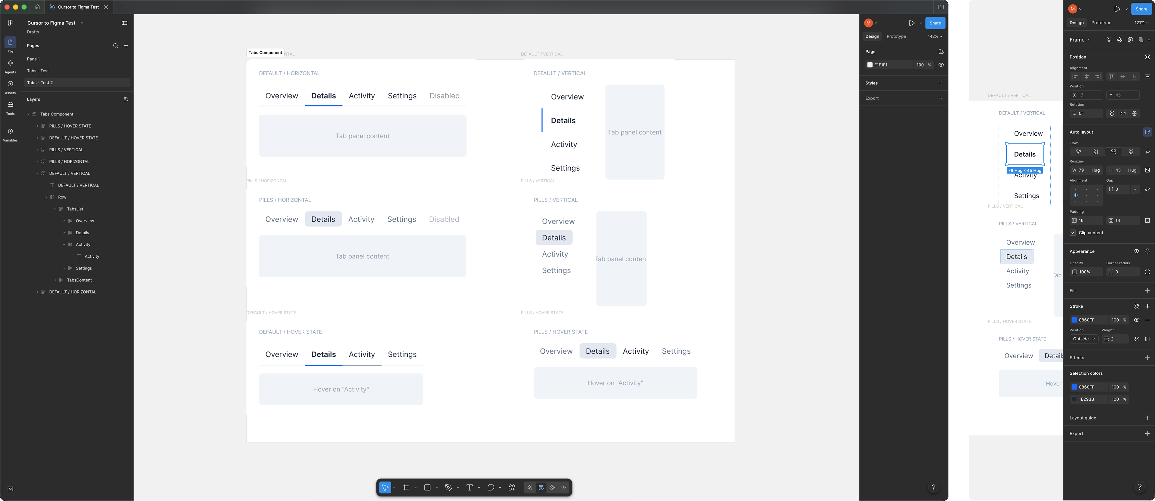 A Figma canvas of Tabs variants, horizontal and vertical, default and pills, with hover states, and the layer tree behind them.