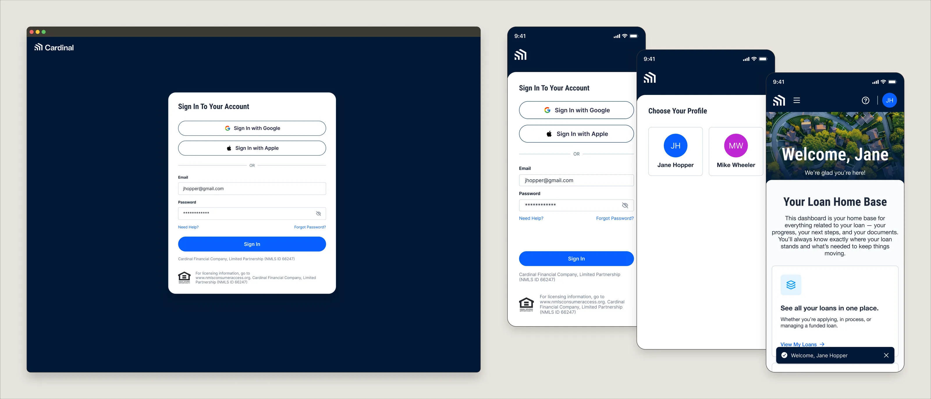 Four screens of the unified sign-in: a desktop Sign In To Your Account card offering Google and Apple sign-in above email and password, the same card on mobile, a Choose Your Profile screen listing two borrower profiles, and the Borrower Dashboard welcoming the borrower in.