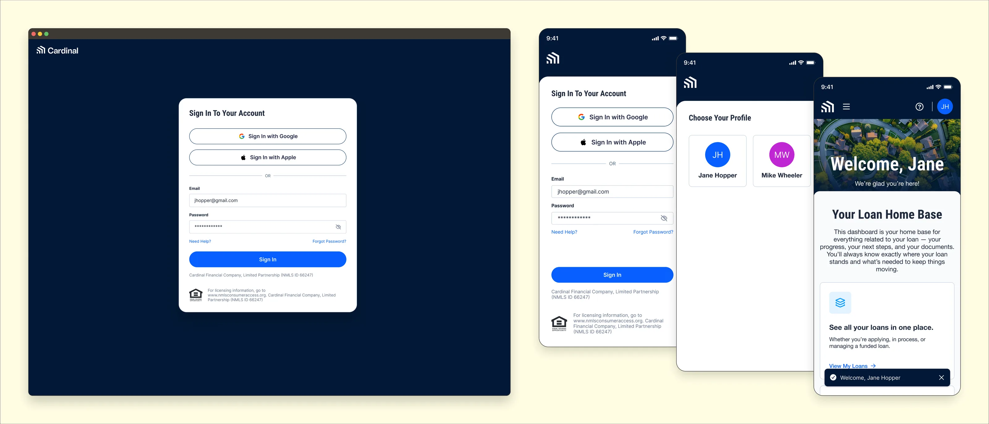 Four screens of the unified sign-in: a desktop Sign In To Your Account card offering Google and Apple sign-in above email and password, the same card on mobile, a Choose Your Profile screen listing two borrower profiles, and the Borrower Dashboard welcoming the borrower in.