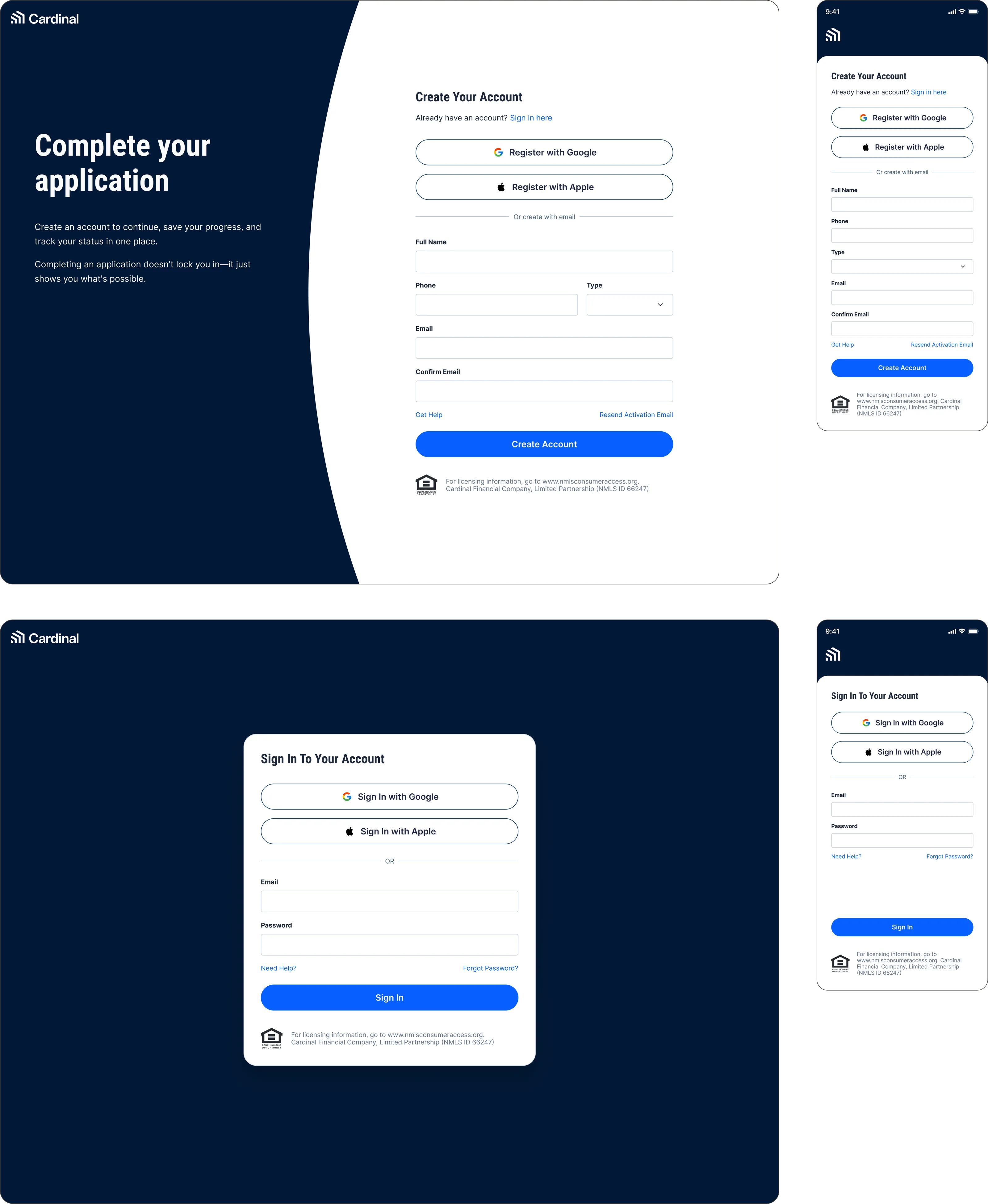 The unified authentication screens on desktop and mobile: a Create Your Account page beside a branded panel headed Complete your application, offering registration with Google or Apple above an email form, and a Sign In To Your Account page offering the same two social options above email and password.