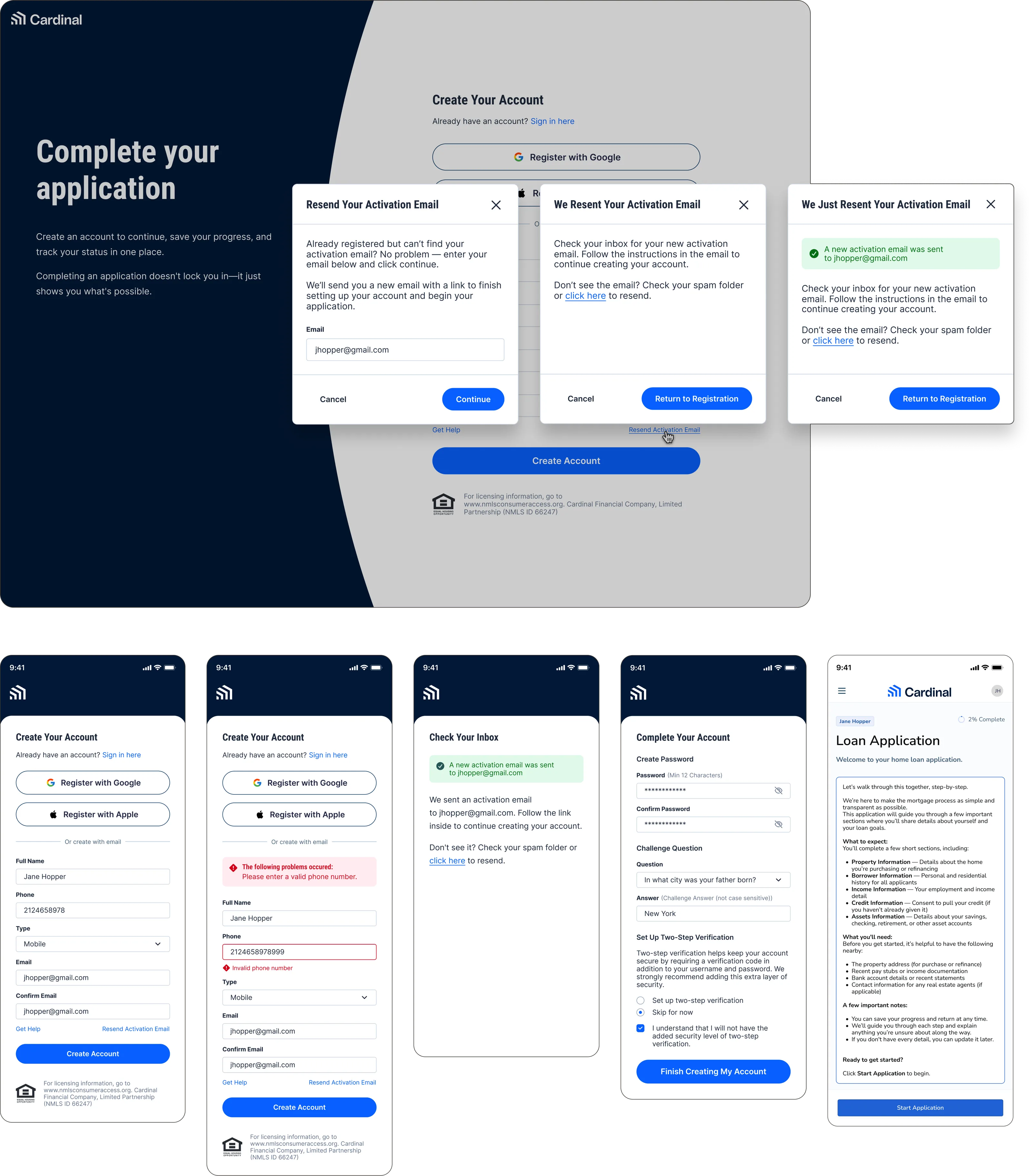 Account registration on desktop and mobile. The desktop Create Your Account page sits beside a Complete your application panel, with three states of the Resend Activation Email dialog over it, followed by the mobile journey running from a filled registration form through an invalid phone number error, a Check Your Inbox confirmation, completing the account, and arriving at the loan application.