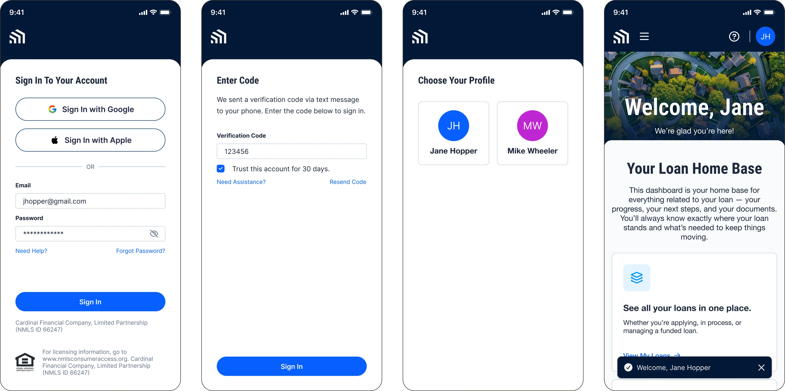 The mobile sign-in journey in four screens: Sign In To Your Account offering Google and Apple above email and password, an Enter Code screen for the verification code sent by text with an option to trust the device for thirty days, a Choose Your Profile screen listing two borrower profiles, and the Borrower Dashboard welcoming the borrower in.
