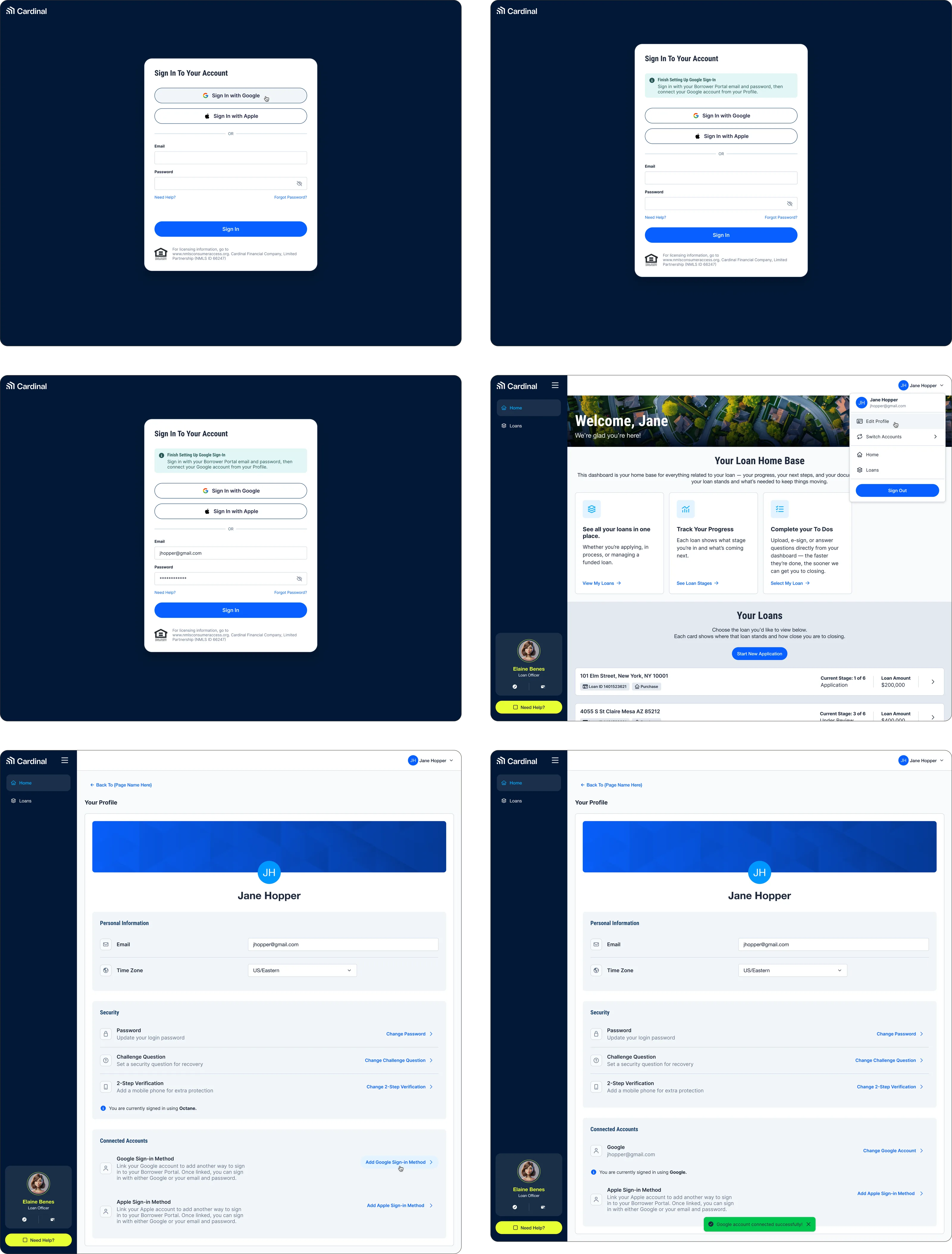 The flow for a borrower who tries Google sign-in but already holds a Borrower Portal account: the sign-in screen gains a notice to finish setting up Google sign-in by signing in with the existing email and password, the borrower then lands on the dashboard, opens Your Profile from the account menu, and uses a Connected Accounts section to add a Google sign-in method, confirmed by a Google account connected successfully message.
