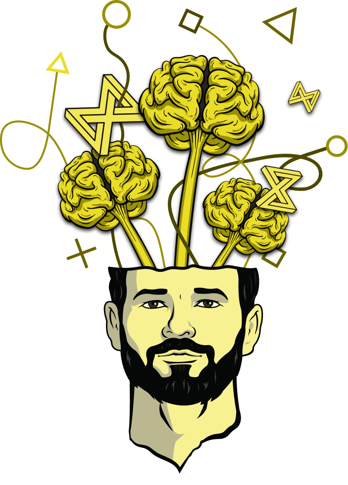 Illustrated self-portrait: a head opening up with brains and shapes floating out of it