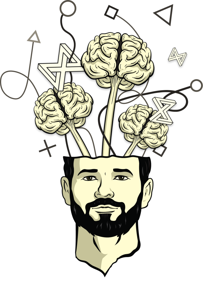 Illustrated self-portrait: a head opening up with brains and shapes floating out of it
